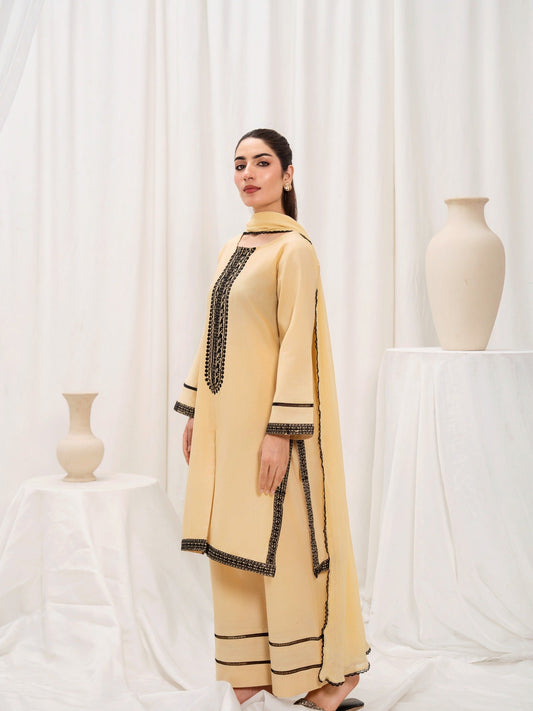 Golden HEM Lawn Cotton Embroidered Stitched 3-Piece Suit-June