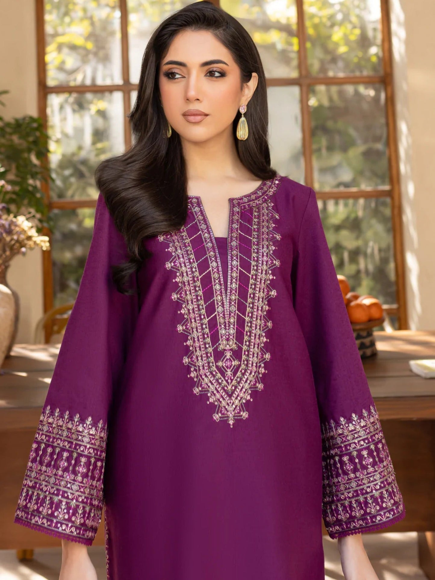 Purple- Silai Libas Linen Embroidered Kurta Set-Purple Iris