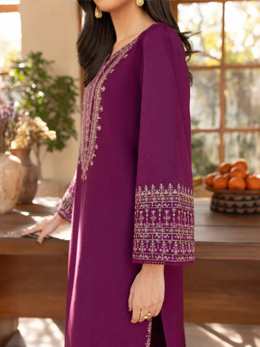 Purple- Silai Libas Linen Embroidered Kurta Set-Purple Iris