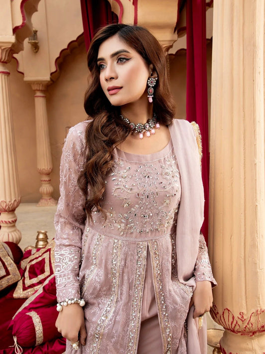 Lilac Manahil Arts Chiffon Embroidered Stitched 3-Piece Suit-Kurti-B-007-Lilac