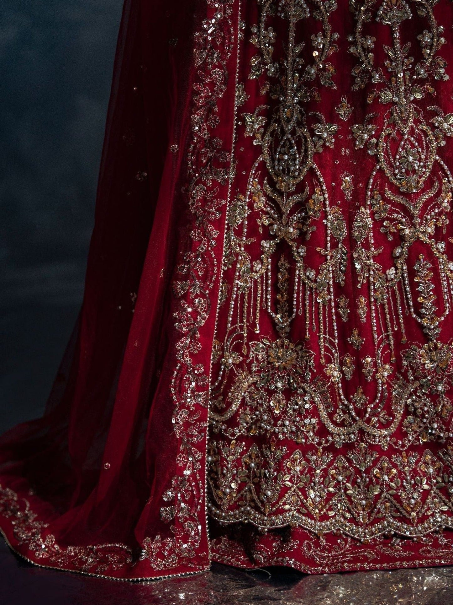 Red Enzo Reve Dore Raw Net Embellished Unstitched Lehnga Set-Eloure