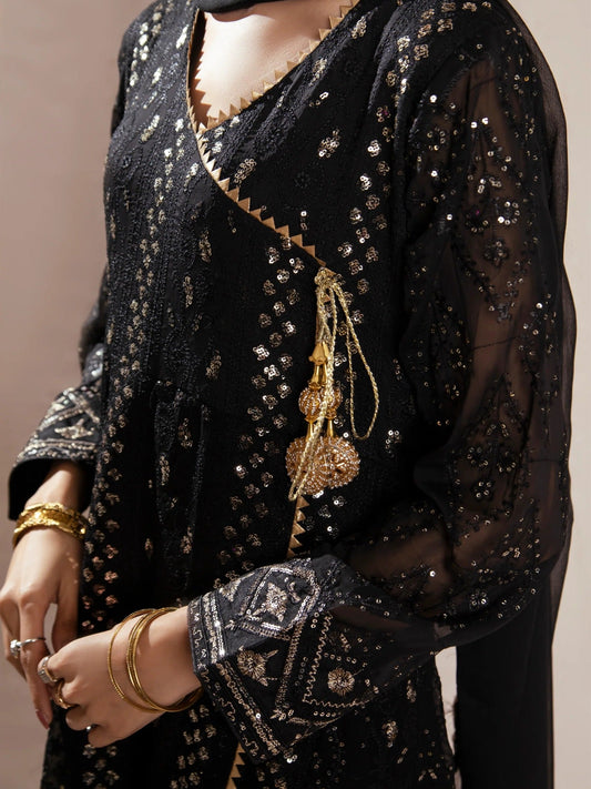 Black Manahil Arts Chiffon Embroidered Stitched 3-Piece Suit-Kurti 099-Black