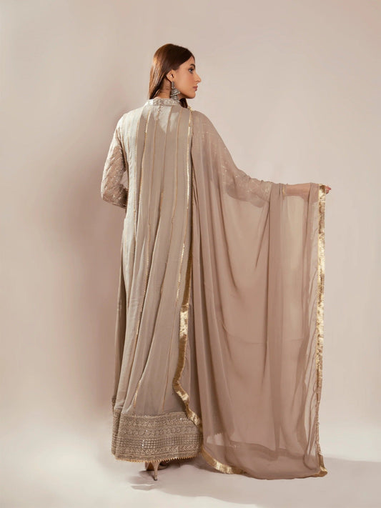 Manahil Arts Chiffon Embroidered Maxi-Kurti 106-Camel Brown