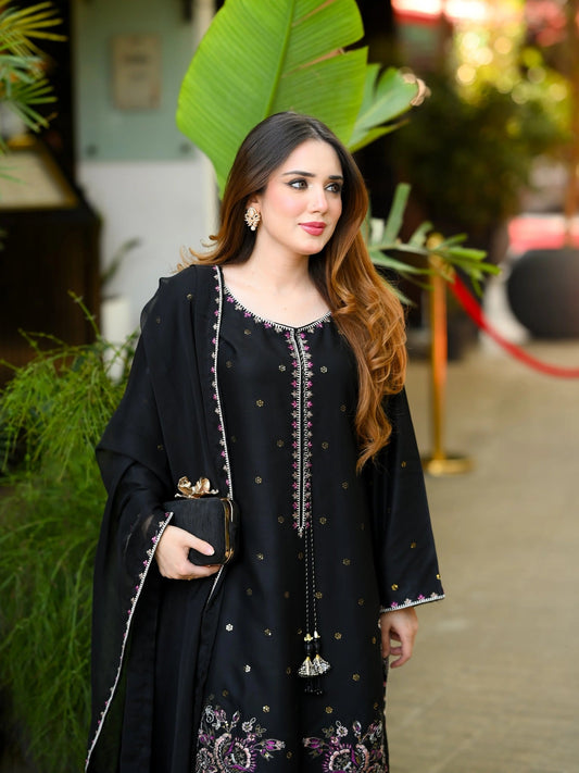 Black-Tehzeeb Libaas Lawn Embroidered Stitched 3-Piece Suit-Zarqa
