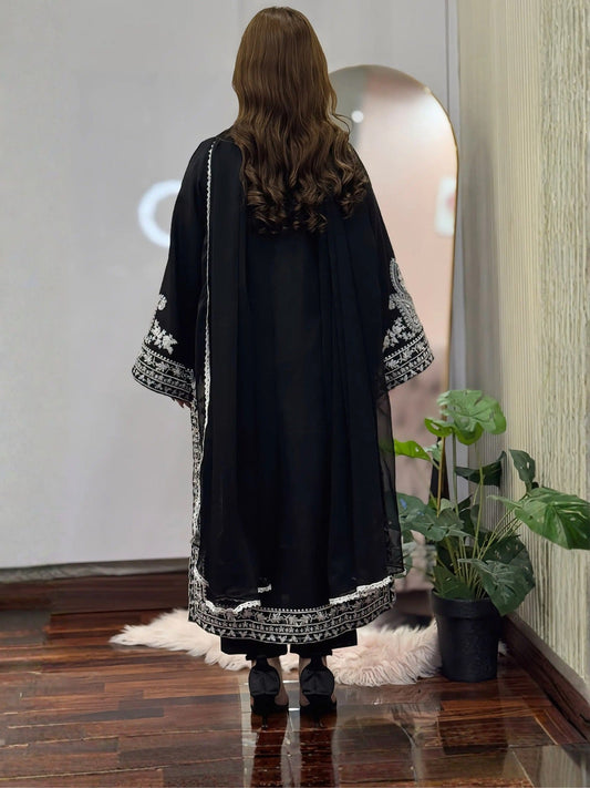 Black-Tehzeeb Libaas Lawn Embroidered Stitched 3-Piece Suit-Saphire Black