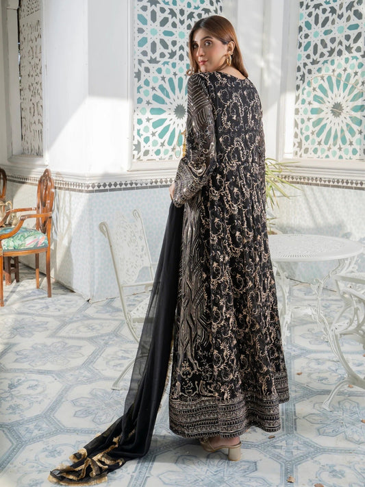 Black Manahil Arts Chiffon Embroidered Stitched 3-Piece Suit-Kurti 105-Black
