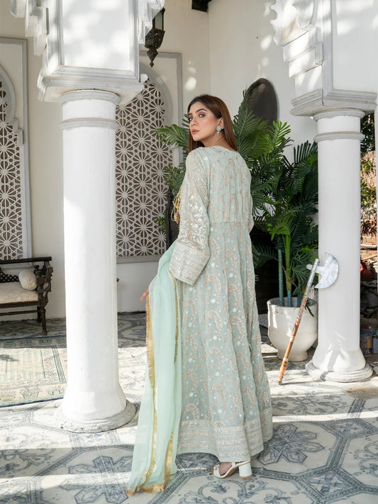Manahil Arts Chiffon Embroidered Stitched 3-Piece Suit-Kurti 105-Aqua