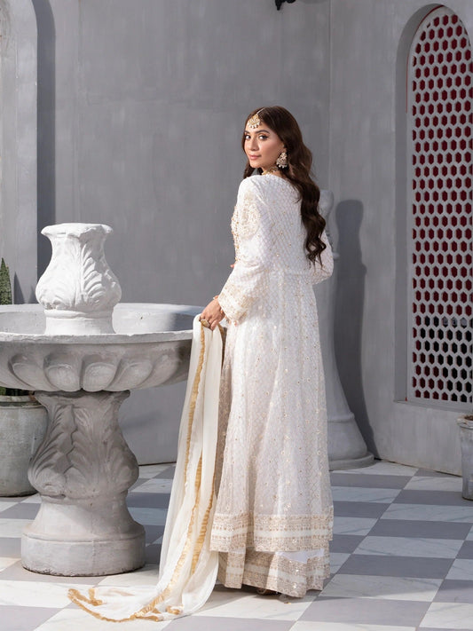 Manahil Arts Net Embroidered Stitched 3-Piece Suit-Kurti-B-002-Off White