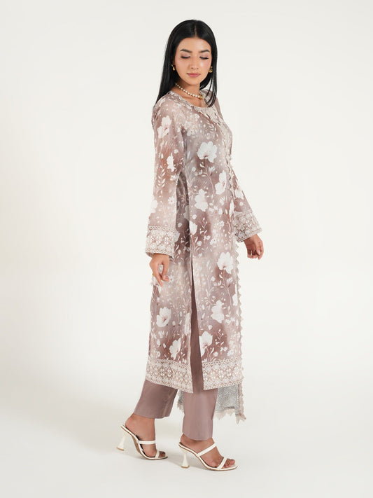 Taupe-Arshman's Lawn Embroidered Stitched 3-Piece Suit-ARS-045 Khaki Noor