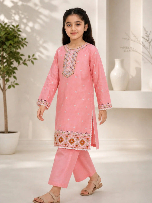 Pink Lumira Cotton Embroidered Stitched 3-Piece Suit-Rosy Bloom Kids