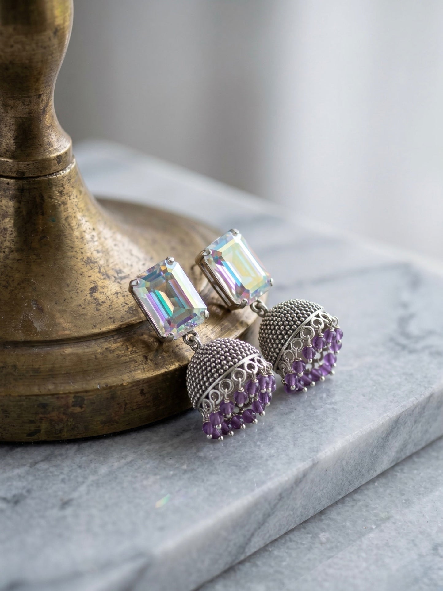 Lilac-Orya Jewellery Zircon Silver Jhumka Pearl Drop Earrings-Purple E64