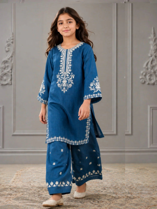 Blue Lumira Cotton Embroidered Stitched 2-Piece Suit-Kurta Set Zinc