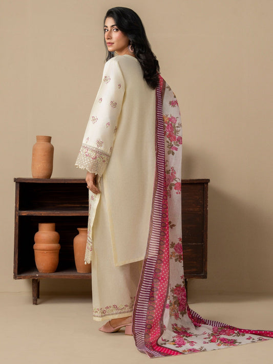 Cream Stylish Collection Mahani Lawn Embroidered Stitched 3-Piece Suit-Rosa