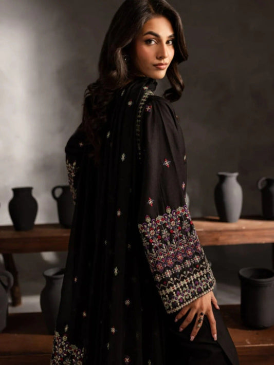Black-Ayat Closet Linen Embroidered Stitched 3-Piece Suit-Black Hooriya