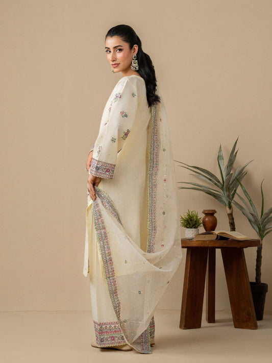 Cream Stylish Collection Mahani Lawn Embroidered Stitched 3-Piece Suit-Laaj