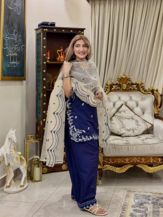 Blue-Stylish Collection Vesper Lawn Embroidered Stitched 3-Piece Suit-Feeroza