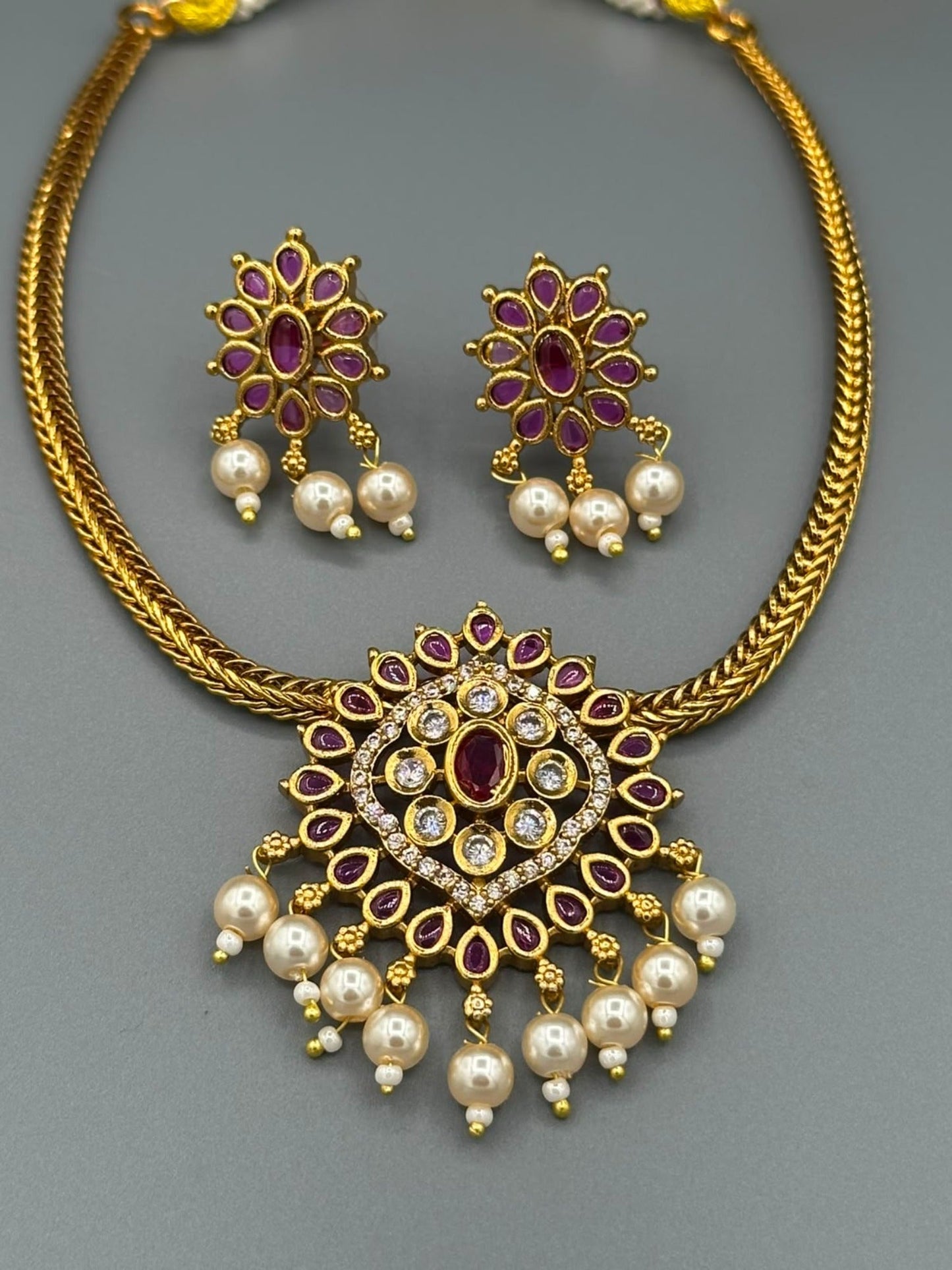 Golden and Pink-H&A Jewellery Gold-Plated Polki Jewellery Set