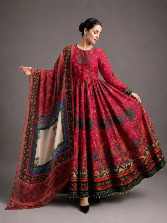Maroon-MH Cloth House Blended Lawn Printed Stitched 2-Piece Suit-Firdaus