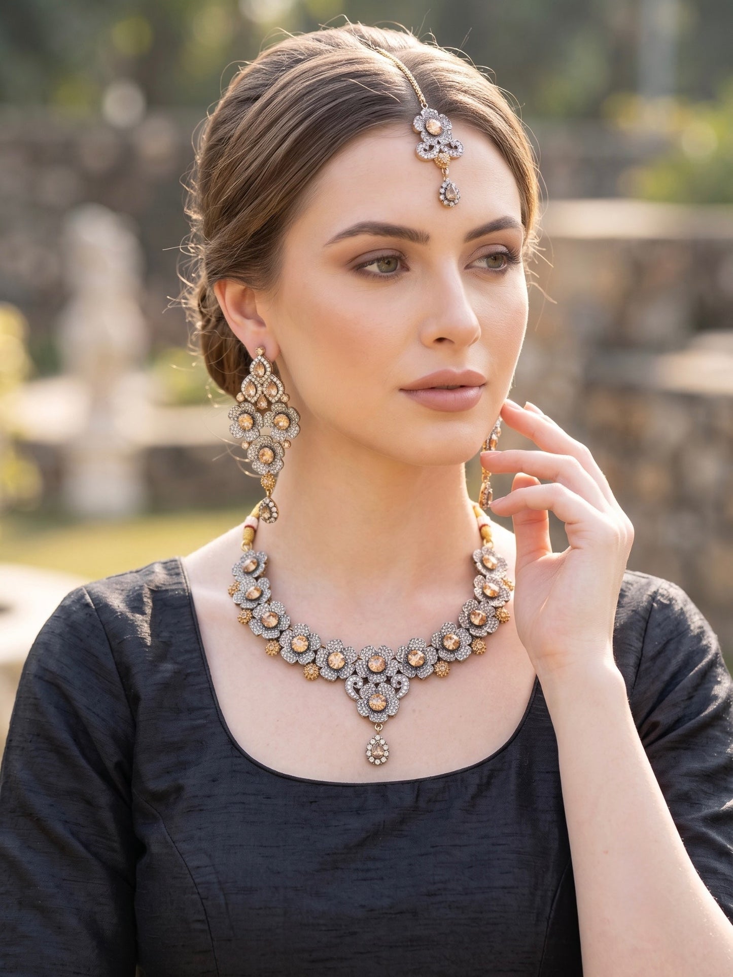 Orya Jewellery Zircon Flower Jewellery Set-Champagne S22