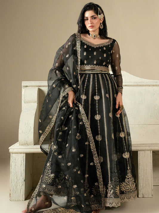 Black Hani & Umaima Organza Embroidered Lehenga-Gul e Rehab