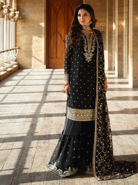 Black Hani & Umaima Chiffon Embroidered Gharara-Seemal