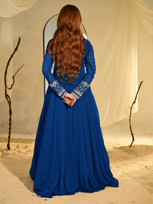 Blue Hani & Umaima Chiffon Embroidered Stitched 2-Piece Suit-Eshal