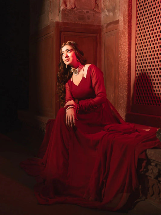 Maroon Hani & Umaima Chiffon Stitched 2-Piece Suit-Soha