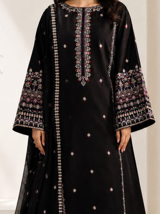 Black-Alina Lime Linen Embroidered Stitched 2-Piece Suit-Black pearl
