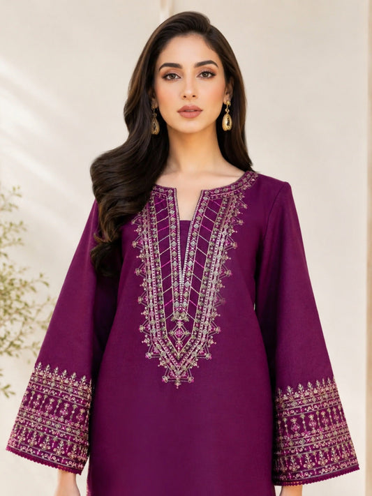 Purple-Alina Lime Summer Linen Embroiderd Stitched 2-Piece Suit-Purple Aura
