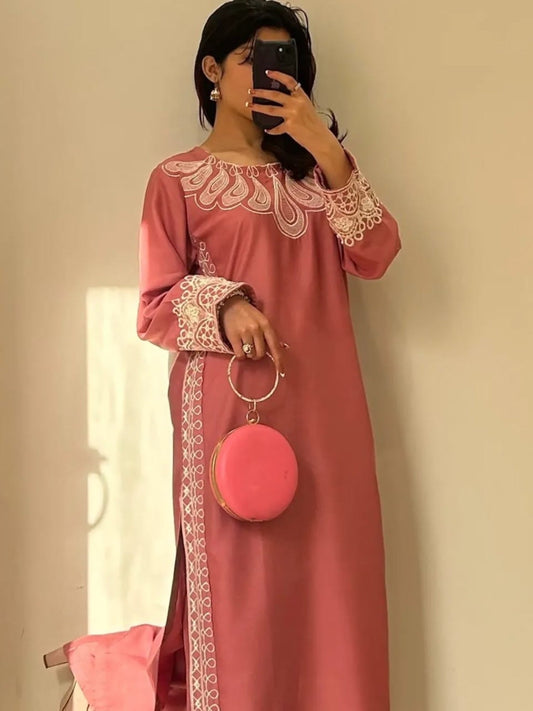 Pink-Alina Lime Summer Linen Embroidered Stitched 2-Piece Suit-Gullab