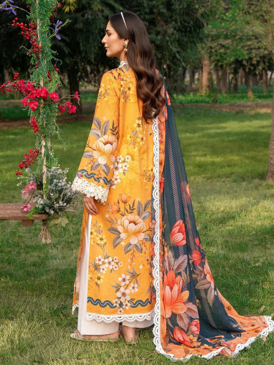 Orange-Chandan Nagri Lawn Embroidered Stitched 3-Piece Suit-Lioré