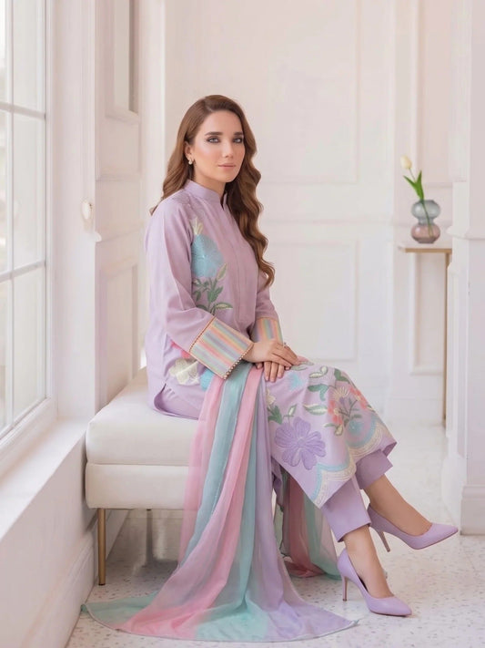 Lilac-Duas Boutique Lawn Embroidered Stitched 3-Piece Suit-Lilly