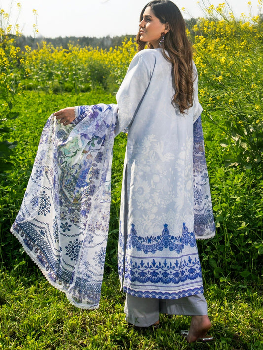 Blue-Chandan Nagri Cotton Lawn Embroidered Stitched 3-Piece Suit-Julet