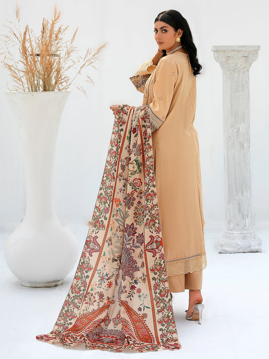 Beige-Chandan Nagri Khaddar Embroidered Stitched 3-Piece Suit-Iresine