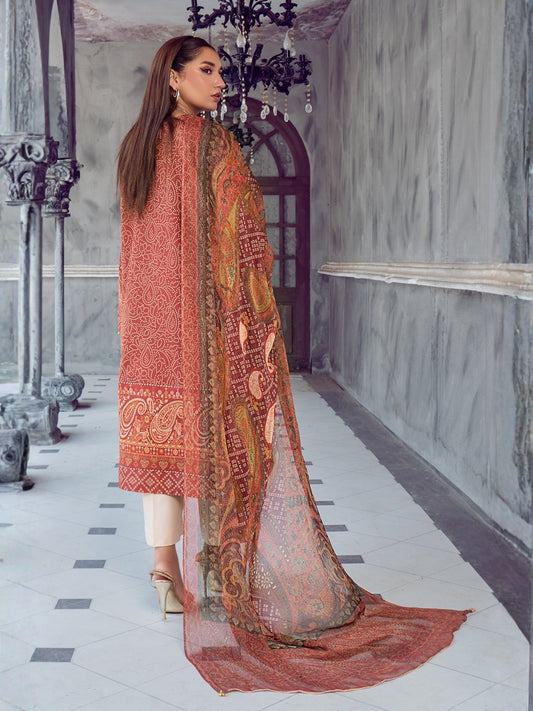 Orange and Cream-Chandan Nagri Lawn Embroidered Stitched 3-Piece Suit-Rose