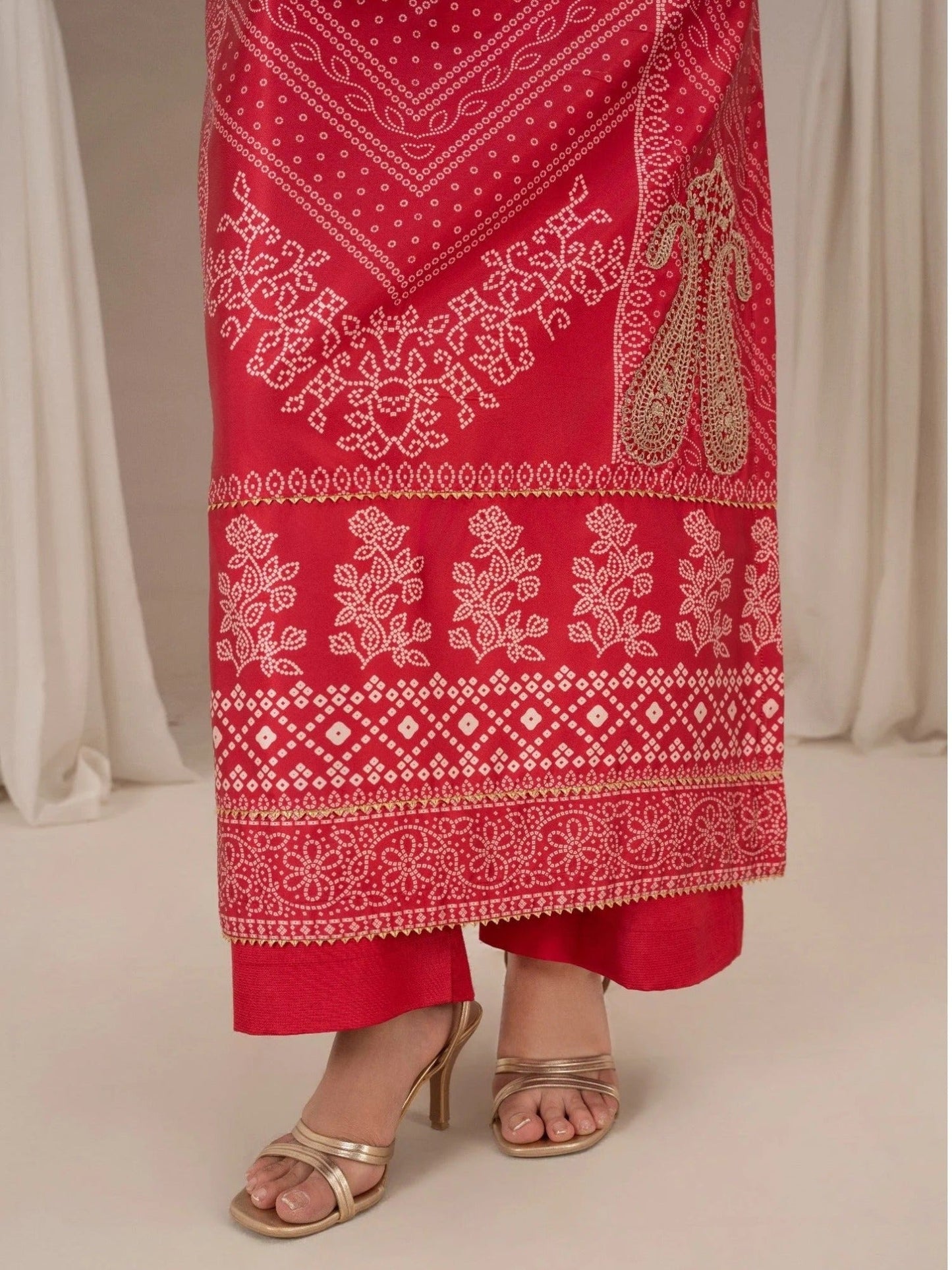 Red-Chandan Nagri Silk Embroidered Stitched 3-Piece Suit-Esra
