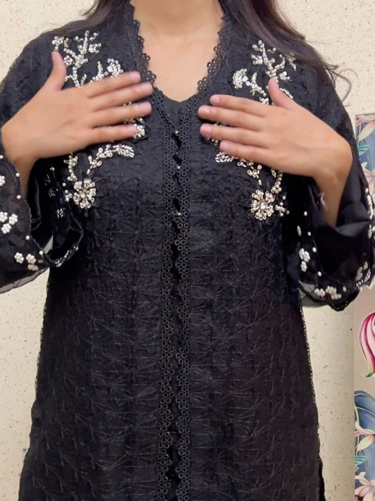 Black Manahil Arts Organza Embellished Stitched 4-Piece Suit-181-Black
