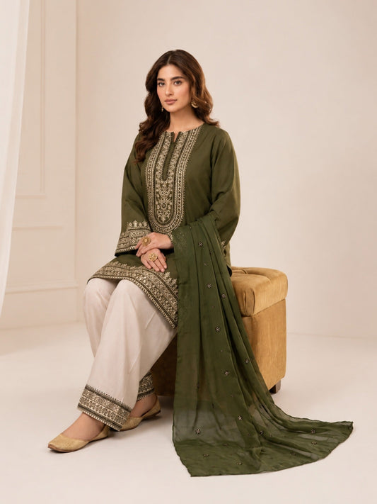 Green Alina Lime Lawn Embroidered Stitched 3-Piece Suit-Gul Bahar