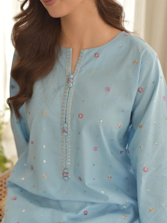 Blue-Tehzeeb Libas Lawn Embroidered Stitched 3-Piece Suit-Sky Dream