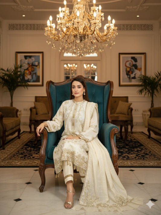 Lamorado Banarsi Cotton Embroidered Unstitched 3-Piece Suit-LWSU-25FE302