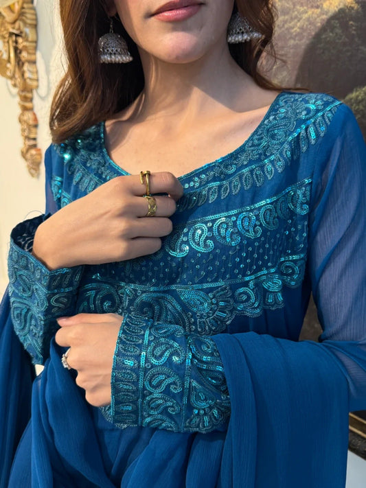 Blue-Hani & Umaima Chiffon Embroidered Pishwas-Dania