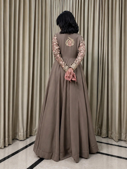 Coffee Brown-Hani & Umaima Chiffon Embellished Pishwas-Mehro