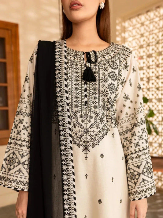 White-Alina Lime Linen Embroidered Stitched 3-Piece Suit-White lime