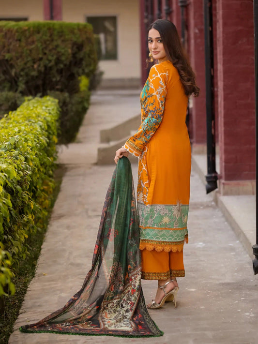 Orange Lamorado Lawn Printed Unstitched 3-Piece Suit-LWSU-25P301