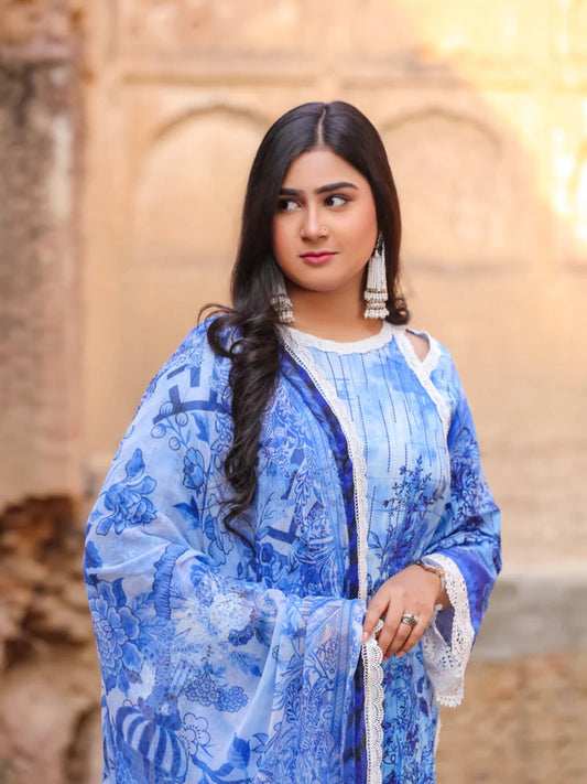 Blue Lamorado Lawn Printed Unstitched 3-Piece Suit-LWSU-25P303