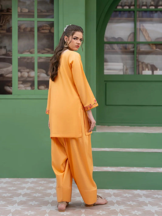 Peach-Hani & Umaima Cotton Embroidered Stitched 3-Piece Suit-Anaya
