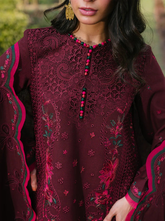 Maroon Binilyas Lawn Embroidered Unstitched 3-Piece Suit-154 B