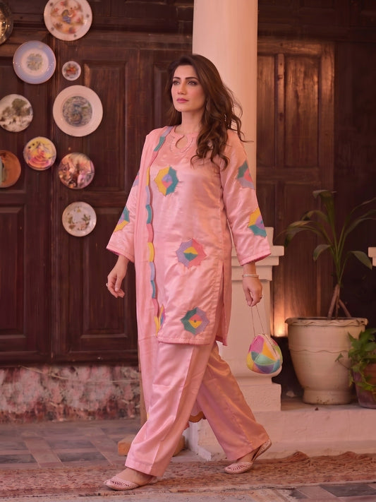 Pink Duas Boutique Sheesha Silk Embroidered Stitched 3-Piece Suit-Rainbow Rose