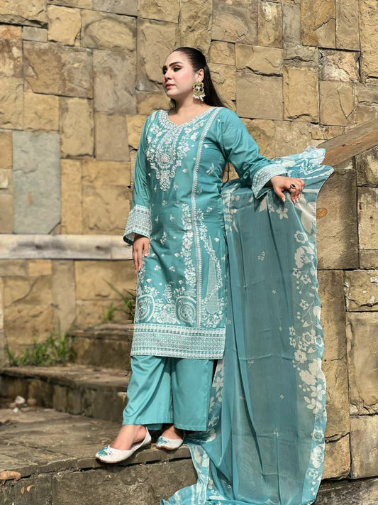 Blue-MH Cloth House Lawn Embroidered Stitched 3-Piece Suit-Anchal