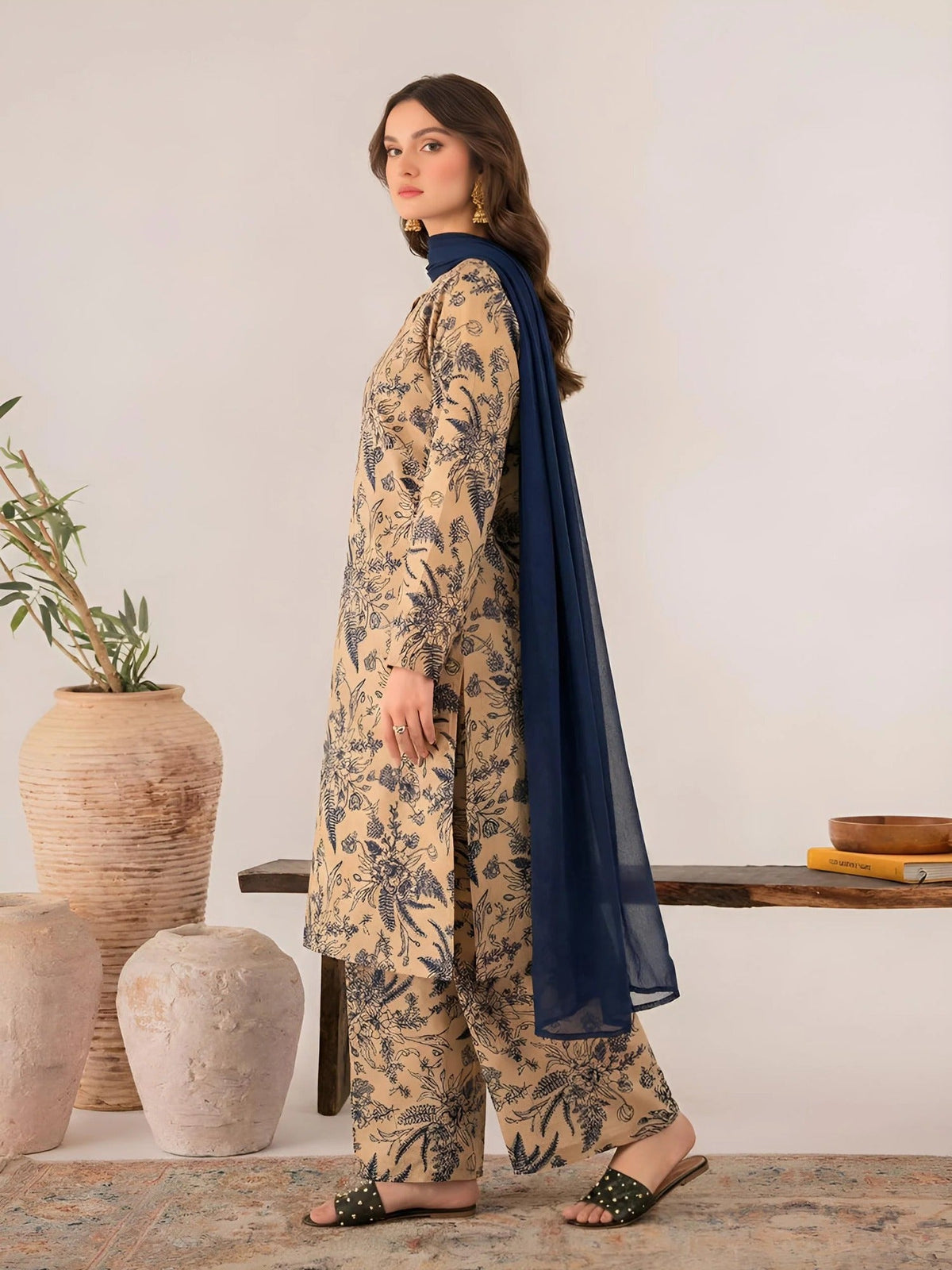 Beige-Libas-e-Khas Linen Printed Stitched 3-Piece Suit-Shiza